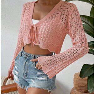Pink Boho Crochet Knit Tie Front Cardigan Sweater Scallop Trim Cropped Top Small